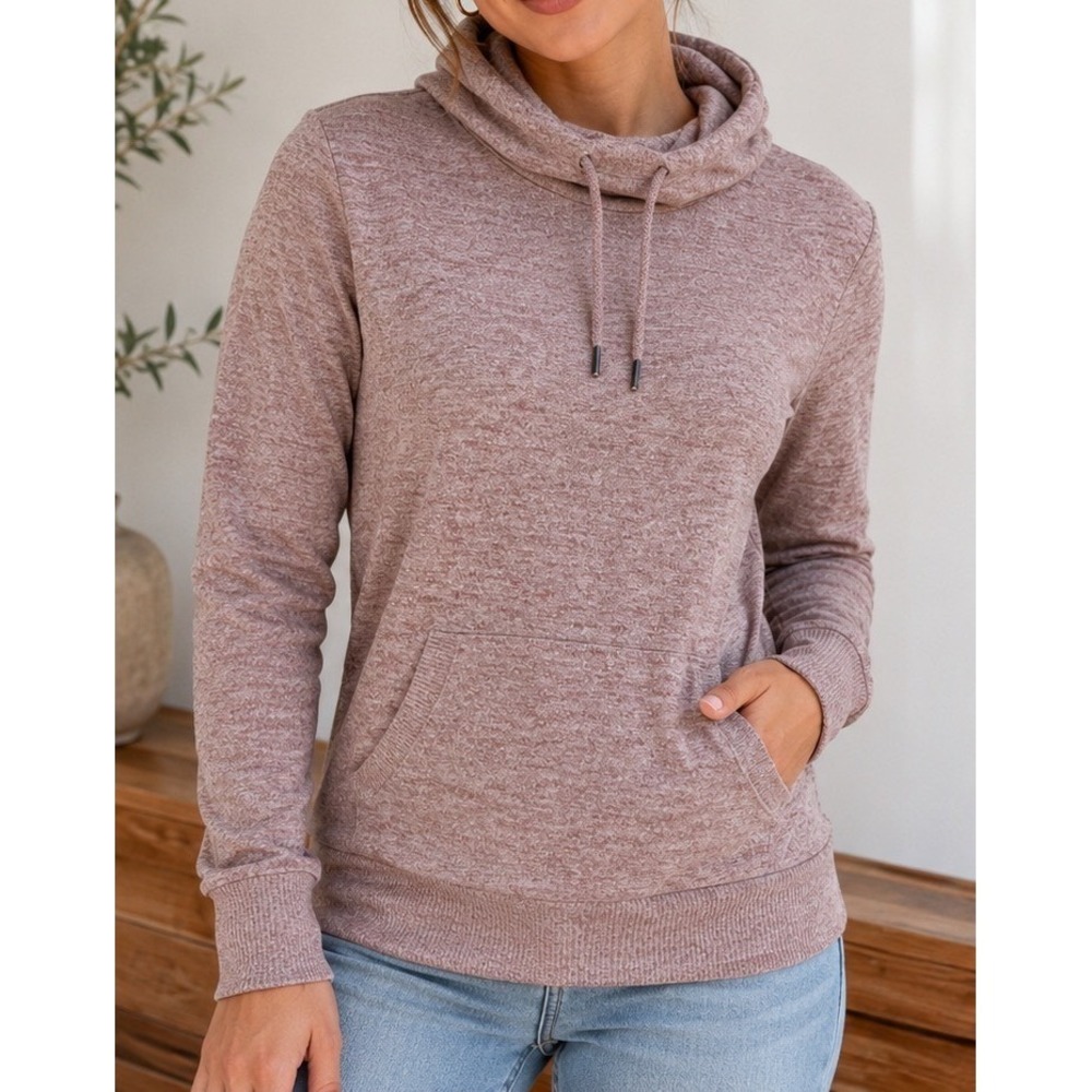 Rose Pink Marled Cowl Neck Pullover Sweater Kangaroo Pocket